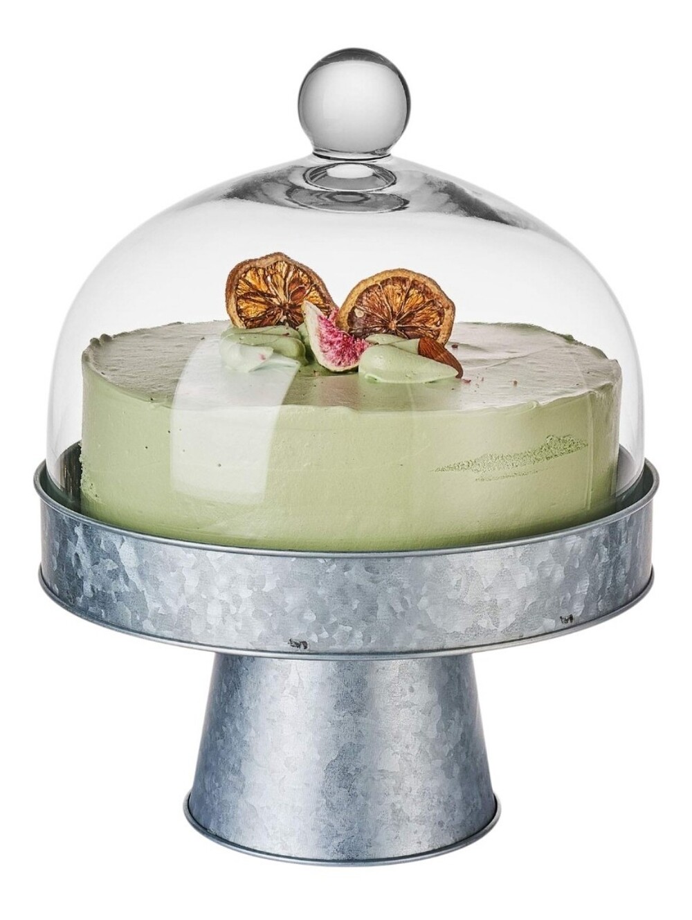 Galvanized Metal Cake Stand with Glass Cloche Dome Farmhouse Pedestal Server